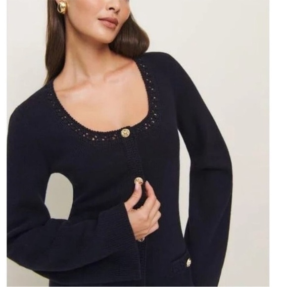 Reformation Priscilla Regenerative Wool Mini Sweater Dress Crochet Navy Large - Picture 8 of 16